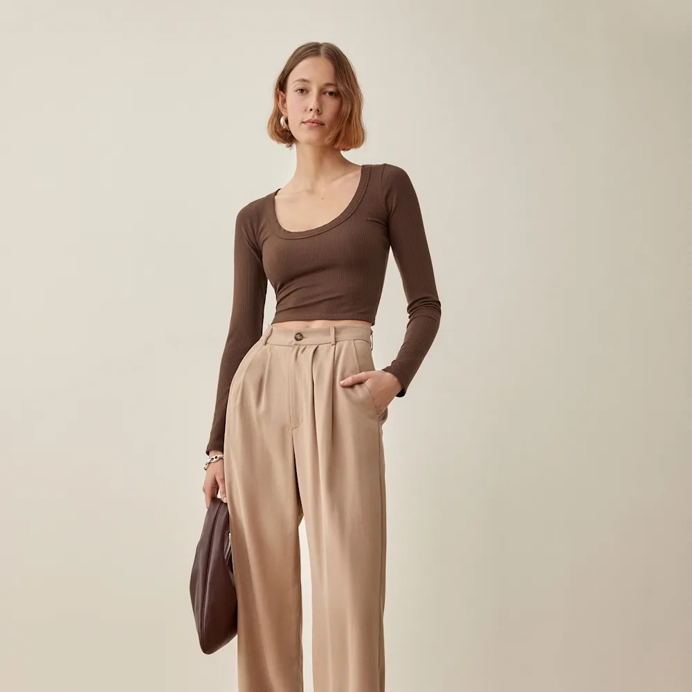 Reformation Chocolate Brown Ribbed Long-Sleeve Scoop Neck Top